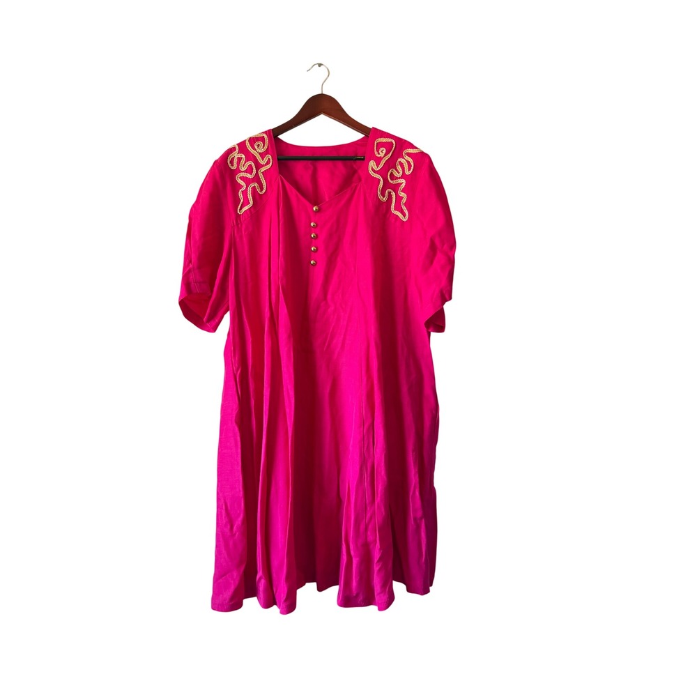 Vintage Fuchsia Pink Midi Dress Gold Soutache Embroidery Pockets 3x handmade